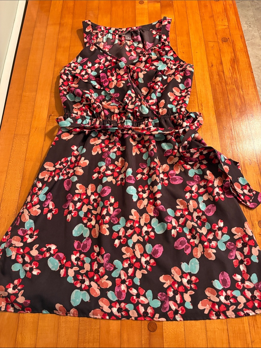 LOFT Floral Ruffle Midi Dress in Black with Pink & Teal Accents